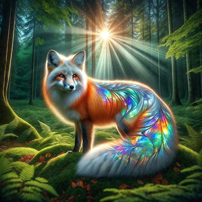 The primary subject of the image is a fox, which is the main object, scene, or focus of the image. The setting/background features a forest with trees and sunlight, creating a natural and serene atmosphere. The visual style of the image is digital art, as it is a well-crafted and detailed illustration. The colors and mood of the image are predominantly warm and earthy, with the fox's fur and the surrounding forest elements contributing to the overall ambiance.